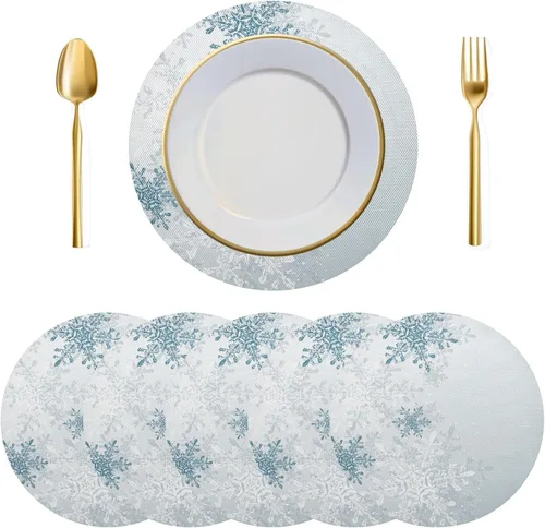 Miniatura 19 de Juego de 6 manteles individuales redondos, copos de nieve sobre rojo oscuro, resistentes al calor, para mesa de comedor, decoración de Navidad