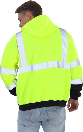 Miniatura 2 de sesafety Sudadera de seguridad de alta visibilidad para hombre, sudadera con capucha reflectante con cremallera clase 3, sudadera con capucha
