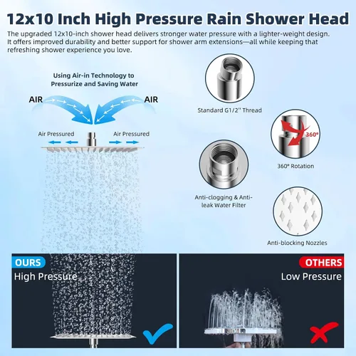 Miniatura 4 de Hibbent Todo Metal 12" Combo de Cabezal de Ducha de Lluvia Filtrada, Varilla de Ducha de Mano de Alta Presión, Brazo de Extensión Curvo Ajustable