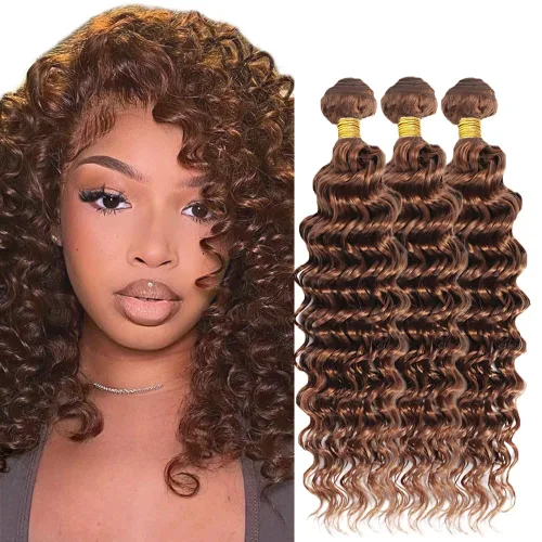 Manojos de cabello humano castaño claro, 30 ondas profundas, paquete de 12, 12, 12 pulgadas, cabello virgen brasileño, 3 paquetes de 30 colores,