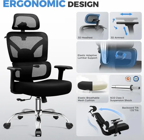 Miniatura 12 de Ergonomic Office Desk Chair, Breathable Mesh Office Chair with Lumbar Support, Computer Desk Chairs Comfy for Home Office, Work, Study, 300LBS