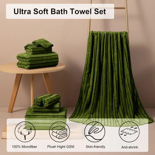 Miniatura 2 de Juego de 8 toallas de baño grandes a rayas estilo cabana color verde militar - Sábana de baño extragrande - 2 toallas de baño, 2 toallas de mano, 4