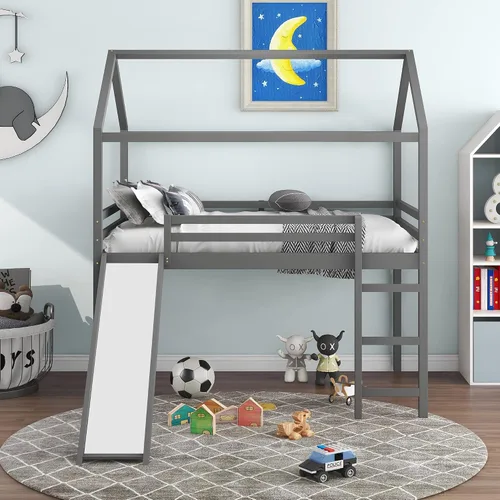 Miniatura 3 de Harper & Bright Designs Cama alta de tamaño matrimonial con tobogán, cama alta de madera, marco de cama tipo loft con techo y barandilla, cama alta