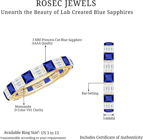 Miniatura 15 de Certified Lab Grown Blue Sapphire Eternity Band, AAAA Quality, Sapphire Moissanite Anniversary Ring - Ready To Gift