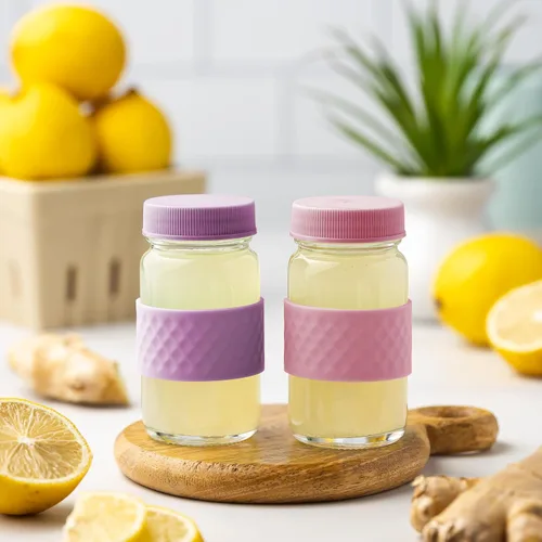Miniatura 6 de Botellas de vidrio para jugo con tapas, transparentes, 2 oz, tapas de colores y bandas de agarre de silicona, almacenamiento de bebidas, para jugos