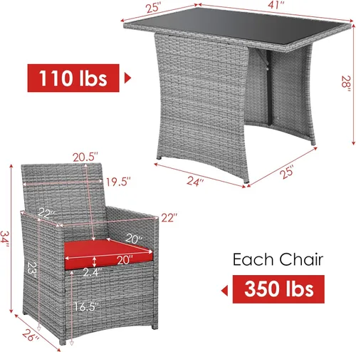 Miniatura 7 de HAPPYGRILL Juego de muebles de patio de 3 piezas, juego de mimbre de ratán PE para exteriores, con cojines lavables y mesa de vidrio templado