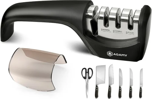 6 en 1 mejor afilador de cuchillos | Afilador de cocina de 4 etapas premium para cuchillos, tijeras | Diamante duro, carburo, ranuras de cerámica |