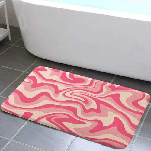 Alfombras de baño estéticas abstractas de los años 70 con diseño de remolino ondulado, bonito tapete de baño rosa y beige, estético, retro,