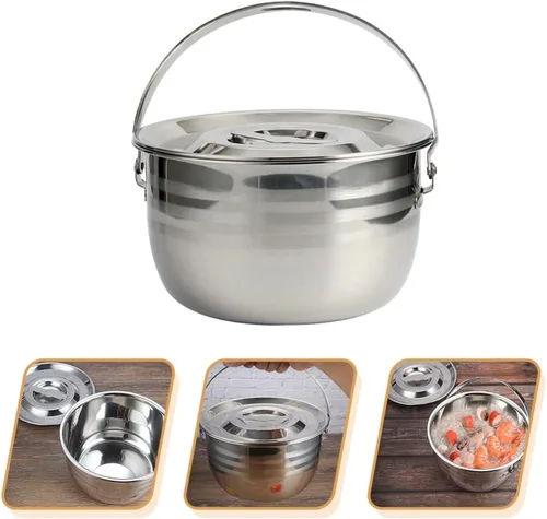 Miniatura 9 de LIFKOME Olla de sopa antiadherente grande con tapa, utensilios de cocina de acero inoxidable para acampar, olla de estofado de alta capacidad