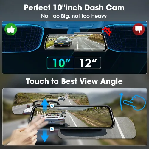 Miniatura 2 de Espejo retrovisor mejorado de 10 pulgadas, cámara de salpicadero frontal y trasera, cámara de respaldo de 1080P, pantalla táctil completa