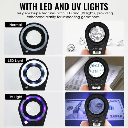 Miniatura 3 de 10x Lupa de Bolsillo Plegable con Luz UV y LED para Joyas, Rocas, Monedas y Antigüedades - Herramienta de Aumento Iluminada para Ojos, Sellos, 10