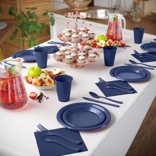 Miniatura 4 de 350 platos de plástico azul marino para fiestas, juego de platos desechables azul marino, 50 de cada juego de platos llanos de 9 pulgadas, platos