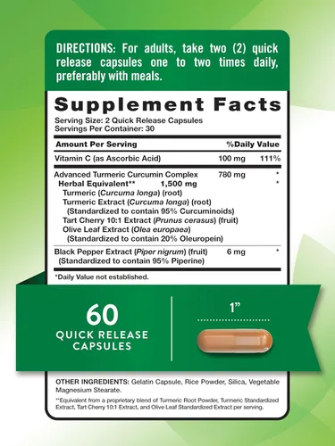 Miniatura 2 de Nature's Truth Curcumina de cúrcuma 60 cápsulas con extracto de pimienta negra, hoja de olivo y cereza agria Suplemento sin OMG y sin gluten