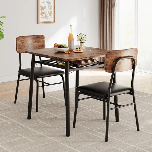 Miniatura 10 de GarveeHome Mesa de comedor para 2 personas con estante de almacenamiento, mesa de cocina pequeña para 2 con marco de metal, mesa cuadrada con sillas