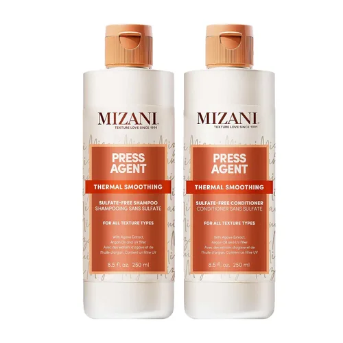 Mizani Press Agent - Juego de champú y acondicionador sin sulfato, desenreda e hidrata el cabello para el calor, 8.5 onzas líquidas (paquete de 2)