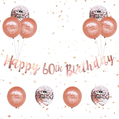 Miniatura 8 de Kit de decoración de cumpleaños número 60, 16 piezas de decoraciones de cumpleaños de oro rosa negro con banderines de feliz cumpleaños 60, globos