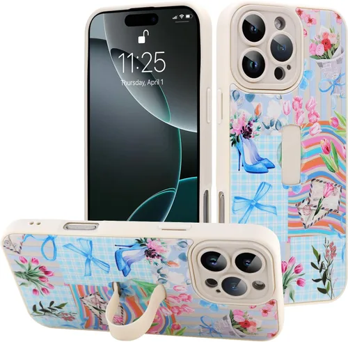Miniatura 62 de Funda diseñada para iPhone 17 Pro Max con soporte plegable y correa para dedos, bonito patrón de lazo de corazón de flor rosa para mujeres y niñas