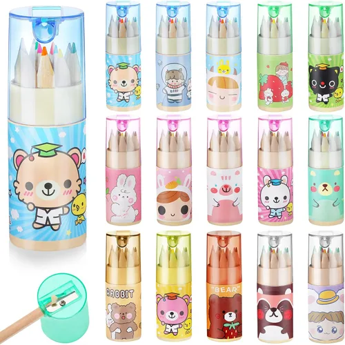 Fumete Paquete de 15 32 mini lápices de colores a granel con sacapuntas, juego de tubos portátiles de 12 colores para suministros de regreso a la