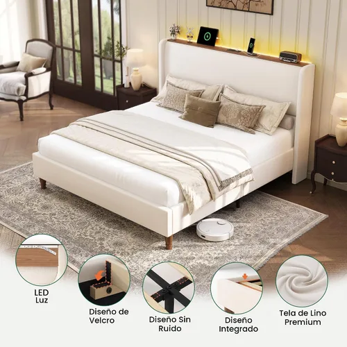 Miniatura 7 de LARMACE Base de cama tamaño Queen con luces LED y estación de carga, base de cama de plataforma tapizada de lino con cabecera de 51.2 pulgadas