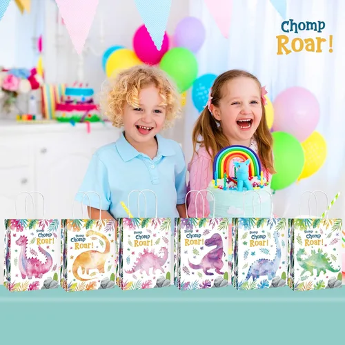 Miniatura 6 de Outus 24 bolsas de regalo de fiesta de dinosaurios, bolsas de regalo de fiesta de dinosaurio con asa para niñas y niños, temática de dinosaurios