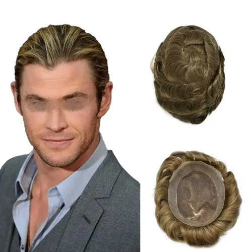 Miniatura 12 de Peluca de cabello humano para hombre, tupé de cabello humano suave para hombre, centro de encaje suizo suave, tupé adjunto con poliuretano alrededor