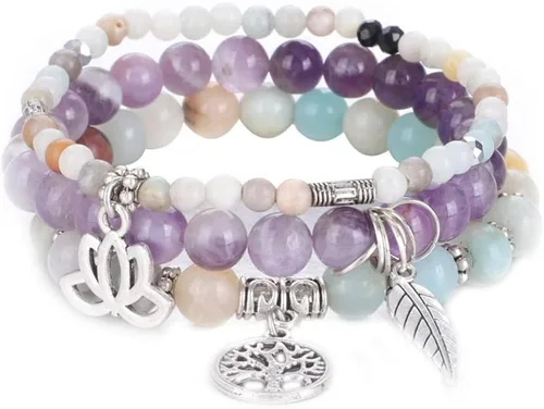UEUC - Pulseras Reiki, apilables, de piedras curativas, cristales, con dije del árbol de la vida, yoga y hoja de loto, contra la ansiedad y para el