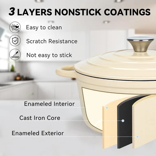 Miniatura 3 de Miereirl Olla Holandesa Esmaltada de 4.5 Cuartos con Tapa, Olla Holandesa de Hierro Fundido con Asas Duales para Hornear Pan, Cocinar, Utensilios