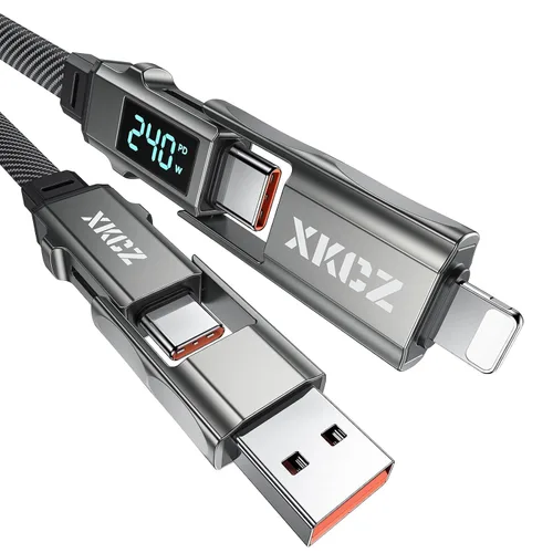 Miniatura 7 de XKCZ Cable USB C 4 en 1 con pantalla de potencia, cable de carga múltiple trenzado de nailon plano de 140 W con sincronización de datos, cable
