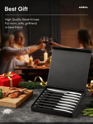 Miniatura 8 de Aiheal Cuchillos para carne, juego de 8 cuchillos de carne de acero inoxidable, nunca necesita afilar el juego de cuchillos para carne, cuchillos