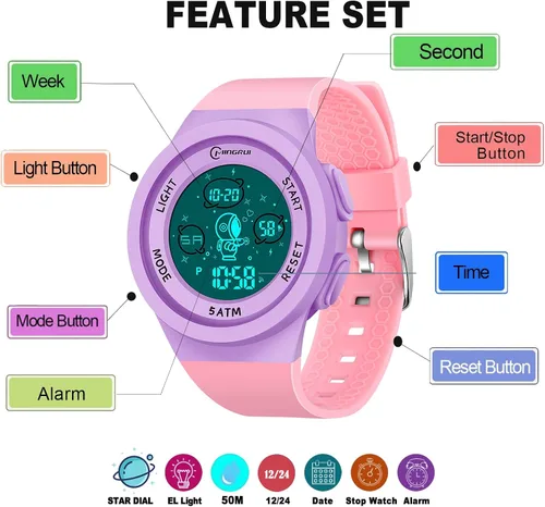 Miniatura 3 de Reloj deportivo digital para niños con correa desmontable LED eléctrico impermeable con alarma cronómetro luminoso para niños de 5 a 12 edades niñas