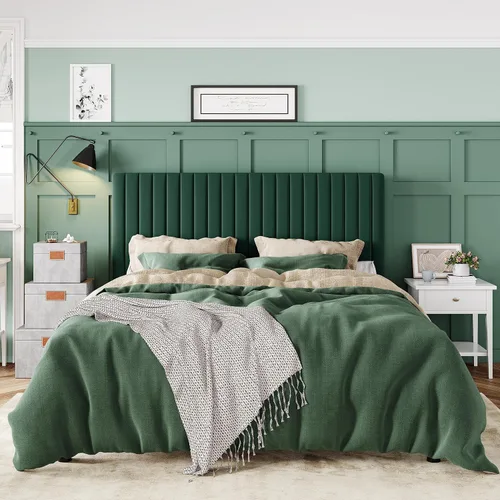 Miniatura 3 de Allewie - Base de cama tamaño Queen con cabecera acolchada tapizada en terciopelo y diseño acanalado vertical ajustable; plataforma de cama con base