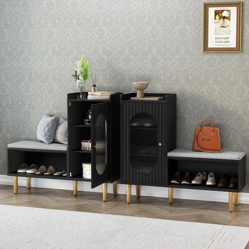 Miniatura 13 de HLR Banco de almacenamiento con puerta y estante de cristal, moderno banco de zapatos de entrada con asiento acolchado, armario de almacenamiento