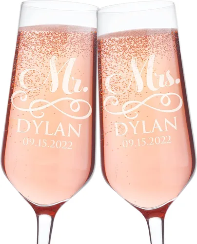 Miniatura 9 de Juego de 2 copas de champán personalizadas para boda, copas de champán personalizadas para nombres de novios y citas con hojas y corazón, Mr Mrs