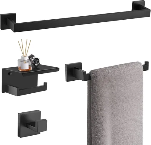TURS Juego de accesorios de baño negro de 4 piezas, incluye toallero de 24 pulgadas, soporte para toallas de mano, gancho para toallas, soporte para