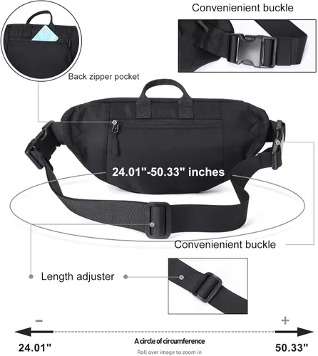 Miniatura 3 de Riñonera para mujeres y hombres, bolsa cruzada con 6 bolsillos con cremallera, correa ajustable, cangureras negras, bolsa para hombres, viajes al