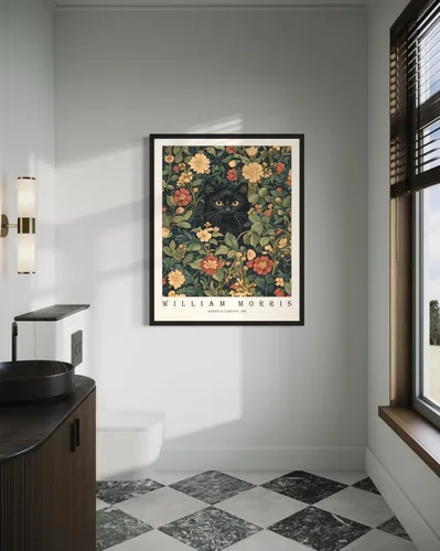 Miniatura 3 de Póster con impresión artística de gato negro, estilo William Morris, floral retro de mediados de siglo, botánico, victoriano, Academia oscura