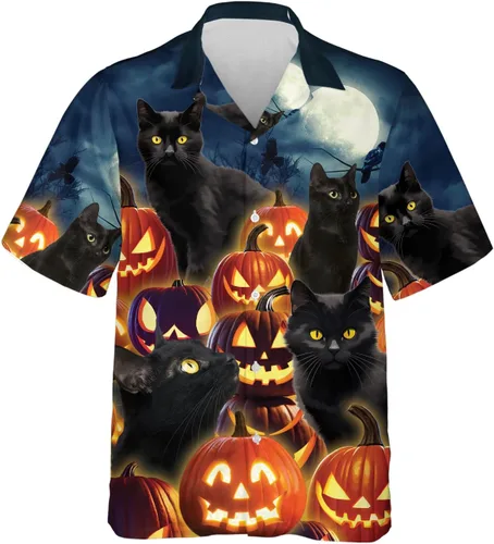 Miniatura 17 de Camisa hawaiana de gato negro para hombre, camisa de noche de Halloween, camisa de manga corta con botones (MP_HW_66)
