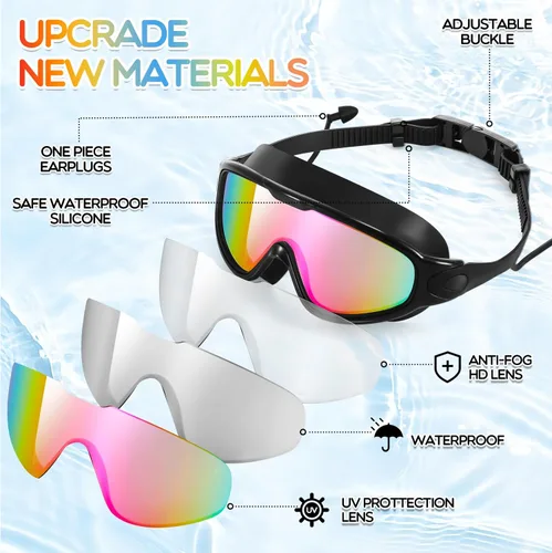Miniatura 3 de Kanayu 6 gafas de natación para adultos, visión amplia, sin fugas, antiniebla, con tapones para los oídos, clip de nariz para adultos, hombres