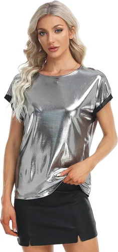 Miniatura 5 de MISS MOLY Camisetas brillantes de manga corta con cuello redondo holográfico metálico brillante para mujer