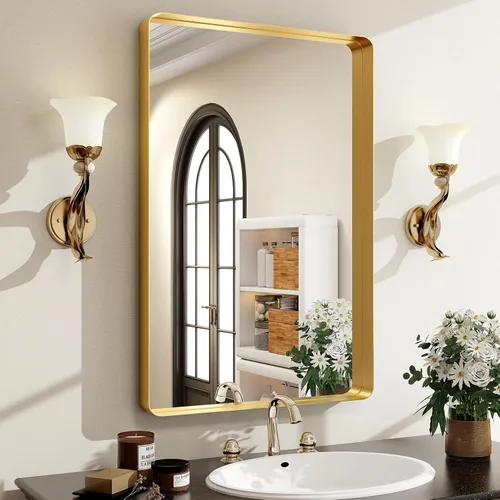 Easly - Espejo de baño dorado de 30 x 22 pulgadas para pared, con marco de aleación de aluminio, espejo rectangular montado en la pared para