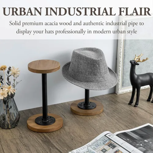 Miniatura 2 de MyGift 2 soportes para sombreros, perchero para sombreros de vaquero, organizador de gorra de béisbol con tubo de metal industrial, peluca o Madera