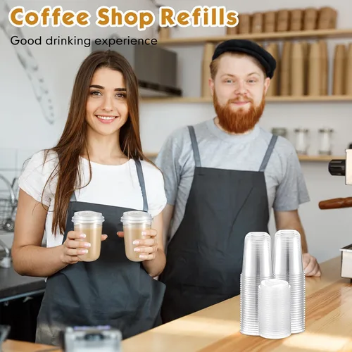 Miniatura 7 de Baderke 50 juegos de vasos de plástico transparente de 16 onzas con tapas, tazas de café helado resistentes con tapas, vasos de plástico desechables