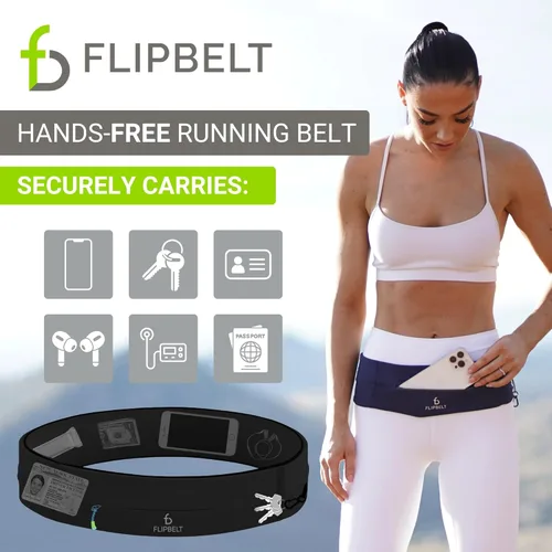 Miniatura 2 de FlipBelt Cinturón para correr con cremallera, riñonera para fitness y correr, empresa estadounidense Negro
