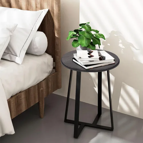 Miniatura 3 de Mesa auxiliar redonda Dorriss, mesa lateral pequeña de color gris con tapa de MDF, estructura metálica negra, mesa auxiliar alta para dormitorio