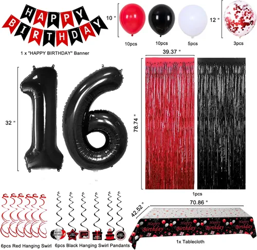 Miniatura 2 de Decoraciones de 16 cumpleaños para niños y niñas, Globos de fiesta de 16 rojos y negros, Bandera número 16, Globos colgantes en espiral, Mantel