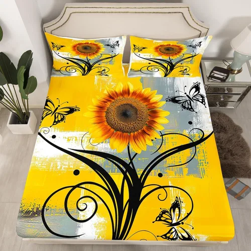 Miniatura 13 de Erosebridal Juego de ropa de cama rústica de tamaño individual, diseño de mariposa y girasol, para niños, adolescentes, adultos, retro, grunge