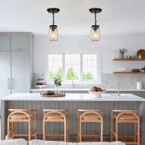 Miniatura 7 de Paquete de 2 Lámparas de Frasco Mason, Lámpara de Isla de Cocina de 1 Luz, Candelabro de Frasco de Vidrio, Lámpara Colgante de Estilo Granja