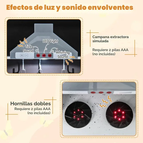 Miniatura 3 de HONEY JOY Juego de cocina esquinera para niños, juego de cocina de juguete de madera con luces y sonidos, campana extractora, máquina de hielo