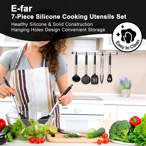 Miniatura 7 de E-far Juego de utensilios de cocina de silicona, 7 piezas de utensilios de cocina resistentes al calor con mango de acero inoxidable, espátula