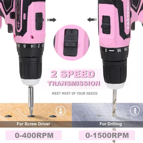 Miniatura 6 de FASTPRO Juego de herramientas para el hogar y taladro de iones de litio inalámbrico de 177 piezas de 20 V rosa con taladro en estuche
